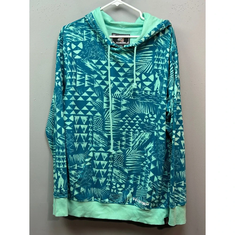 Hinano Tahiti Hoodie Mens Large Teal Mint Green Geo Tropical Print Pullover - Picture 1 of 10